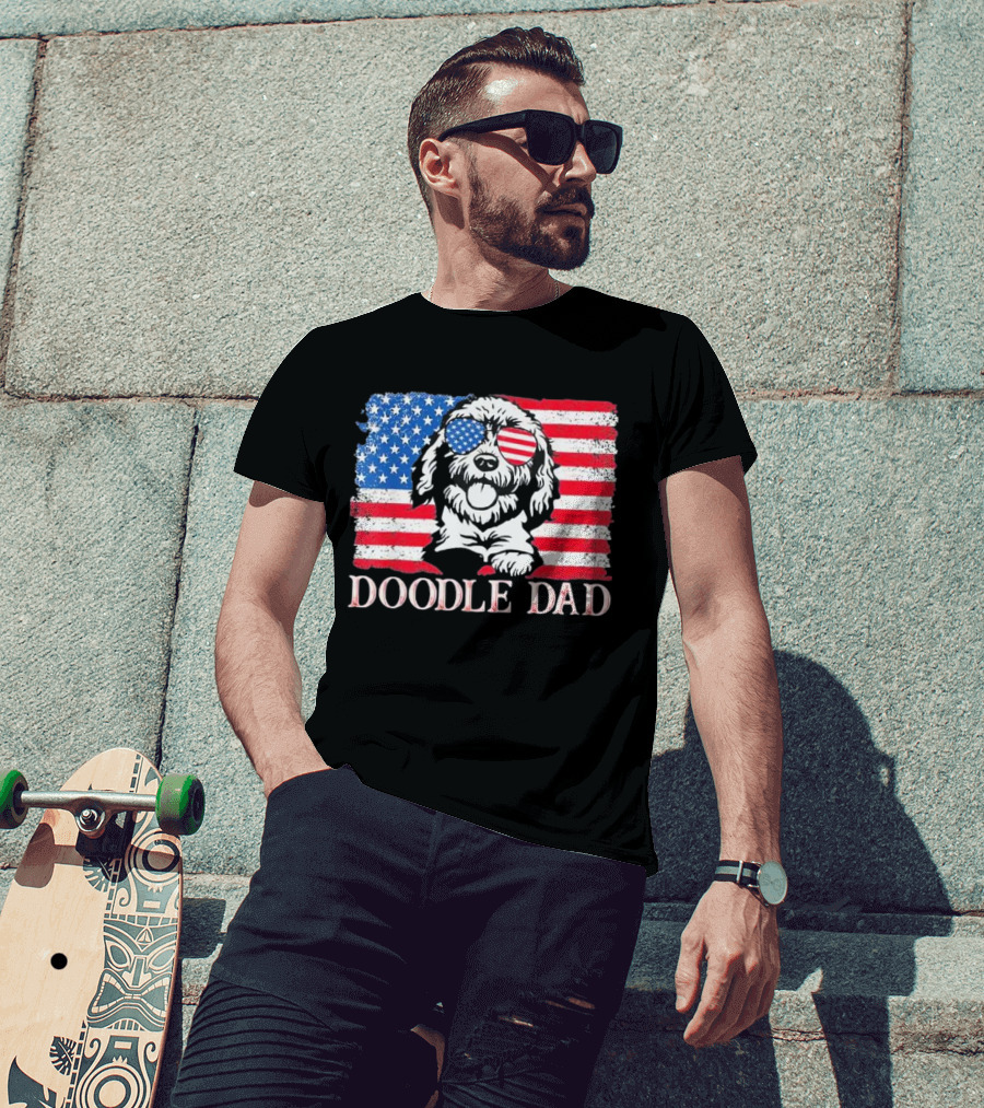 Goldendoodle Doodle Dad American Flag Sunglasses T-Shirt