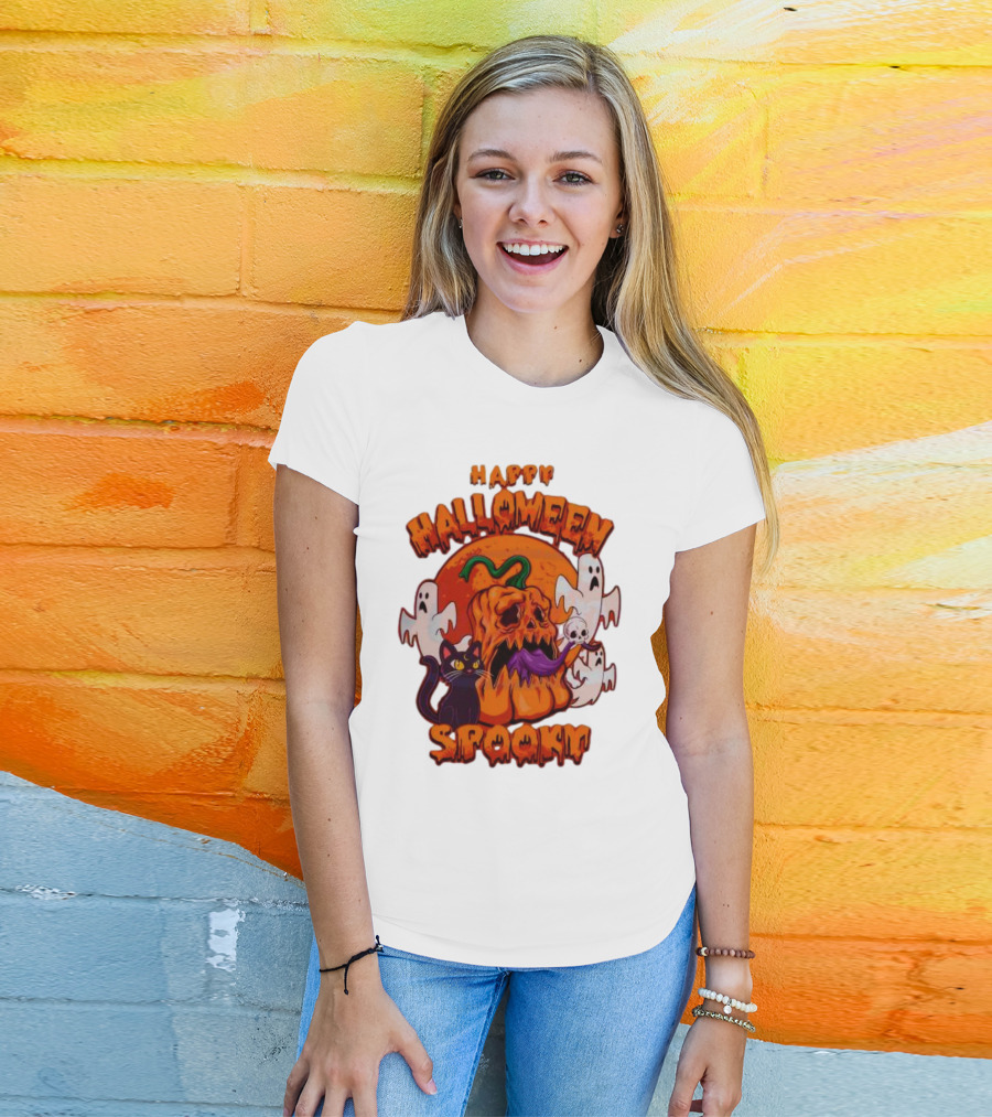Happy Halloween Spooky Horror Pumpkin Ghosts Black Cat T-Shirt