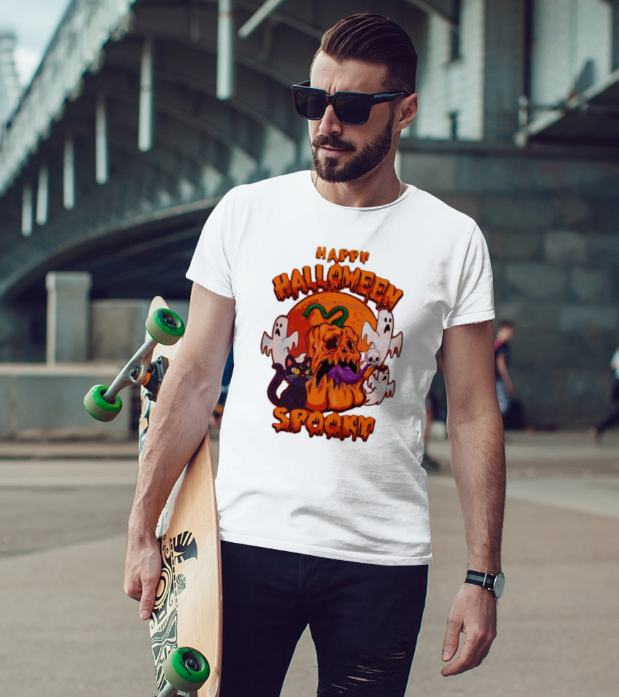 Happy Halloween Spooky Horror Pumpkin Ghosts Black Cat T-Shirt