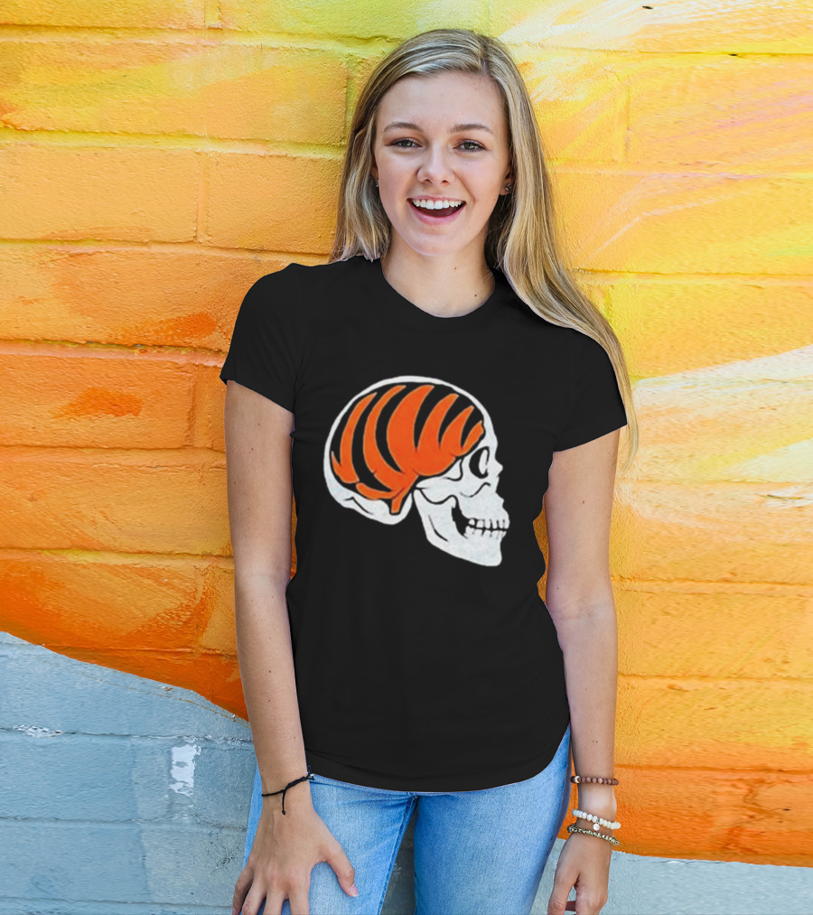 Goodberry Bengals Brain Skull With Orange Tiger Stripes T-Shirt