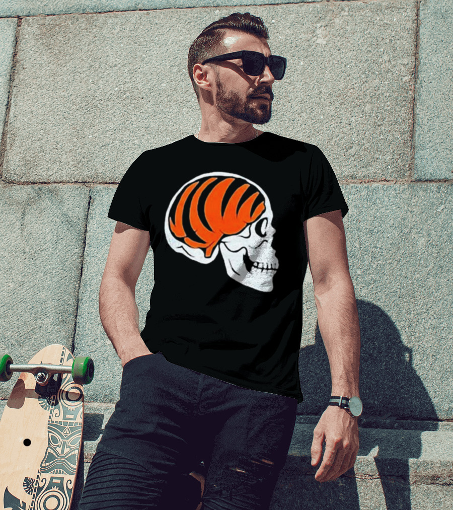 Goodberry Bengals Brain Skull With Orange Tiger Stripes T-Shirt