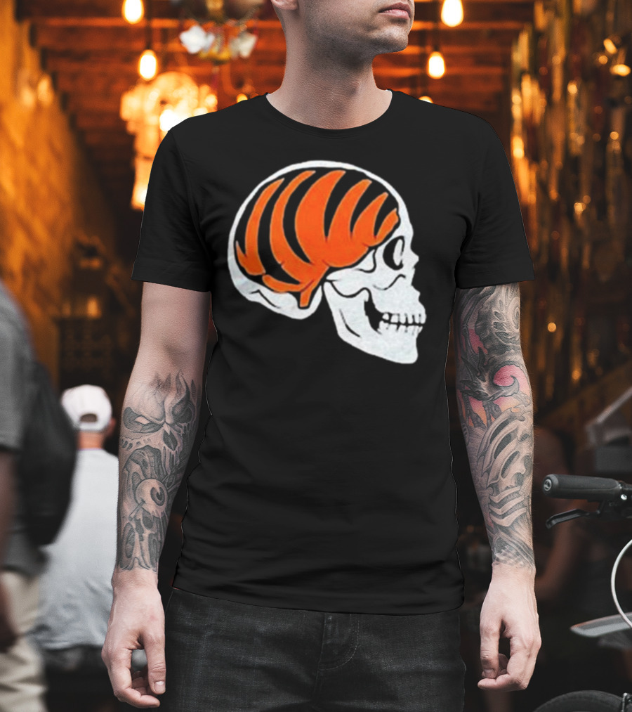 Goodberry Bengals Brain Skull with Orange Tiger Stripes T-Shirt