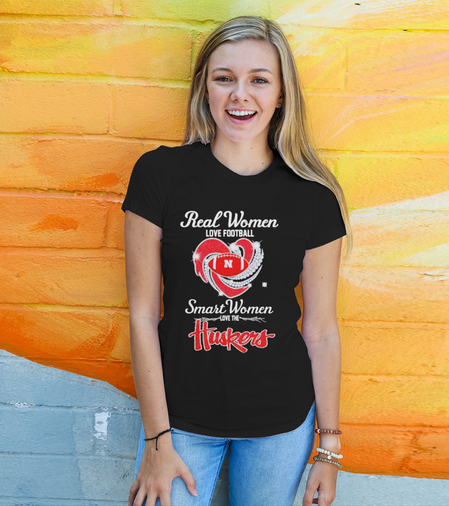 Real Women Love Football Smart Women Love The Huskers Diamond Heart Nebraska Cornhuskers T-Shirt