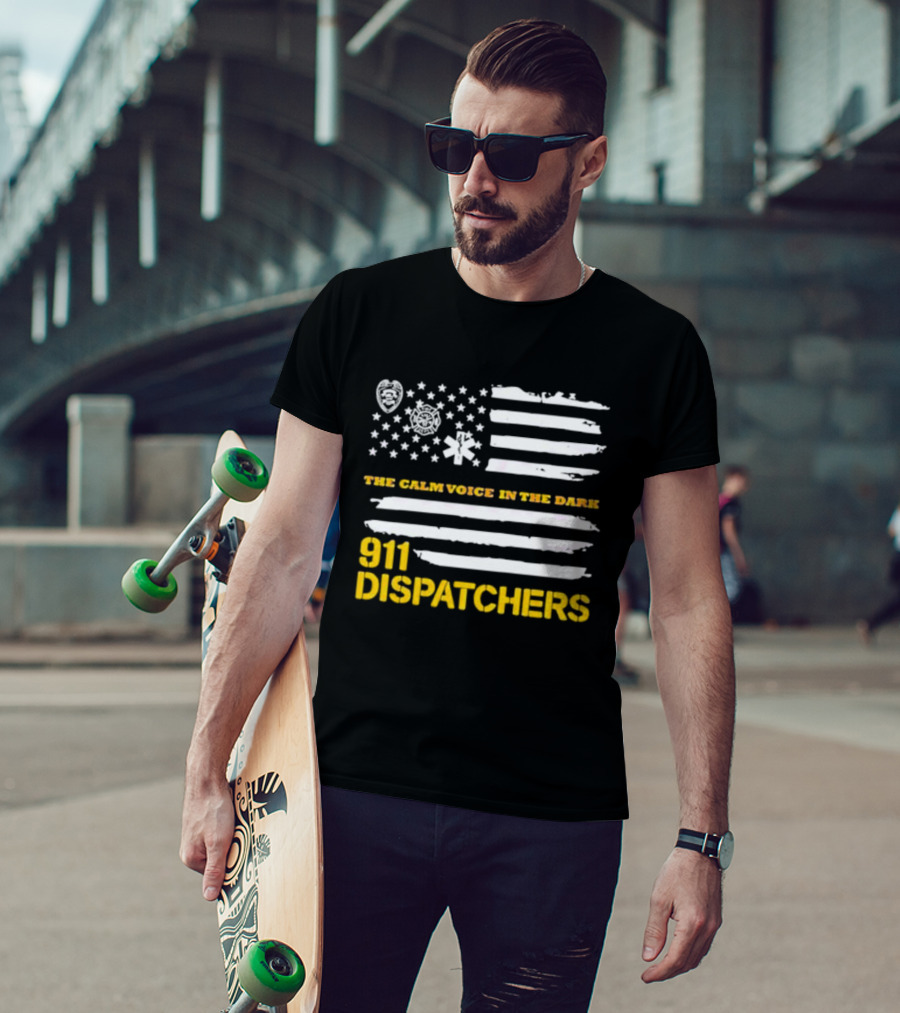 911 Dispatchers The Calm Voice In The Dark With Emergency Symbols And Distressed American Flag T-Shirt
