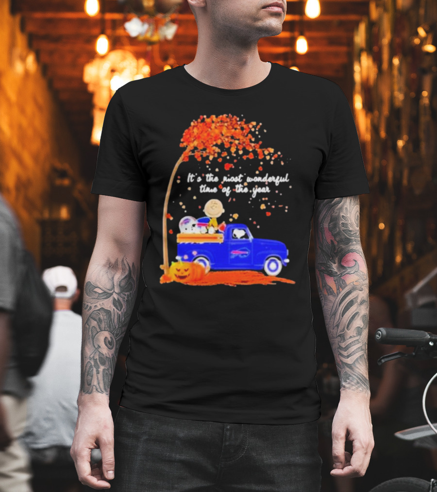 Snoopy and Charlie Brown Buffalo Bills It's the Most Wonderful Time of the Year Autumn Truck Scene T-Shirt