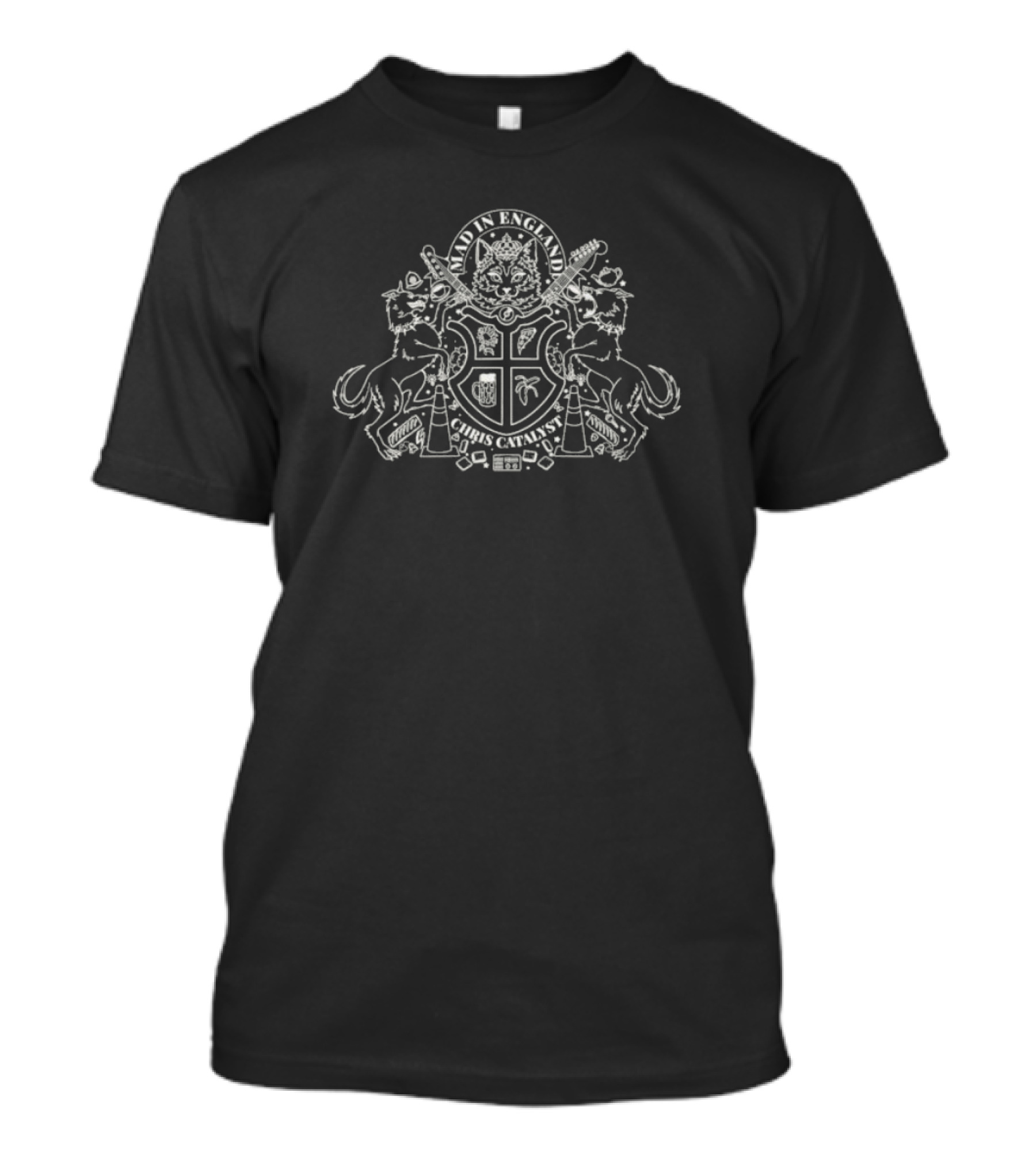 Mad In England Signed Chris Catalyst Crest With Cats And Guitars T-Shirt