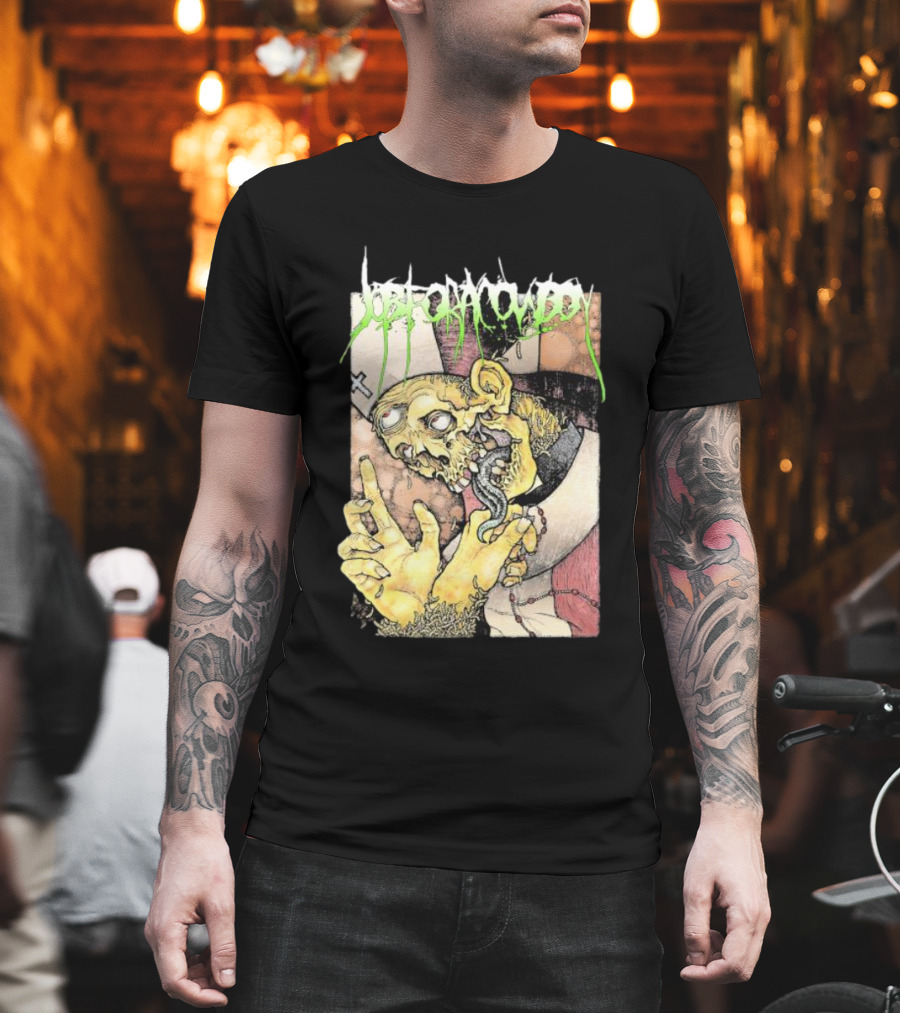 Job For A Cowboy Priest Zombie Graphic with Cross and Rosary T-Shirt