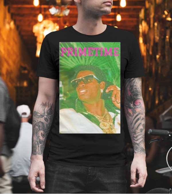 PRIMETIME Deion Sanders Sunglasses Gold Chains Retro Vibe T-Shirt PRIMETIME Deion Sanders Sunglasses Gold Chains Retro Vibe T-Shirt