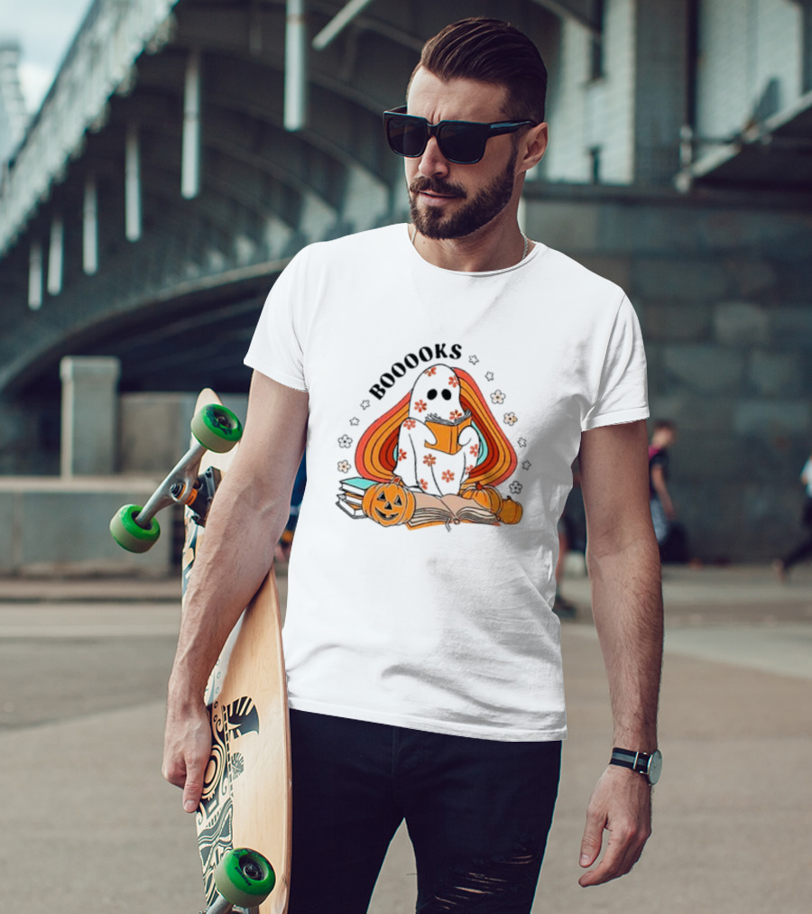 BOOOOKS Ghost Reading With Pumpkins And Flowers T-Shirt