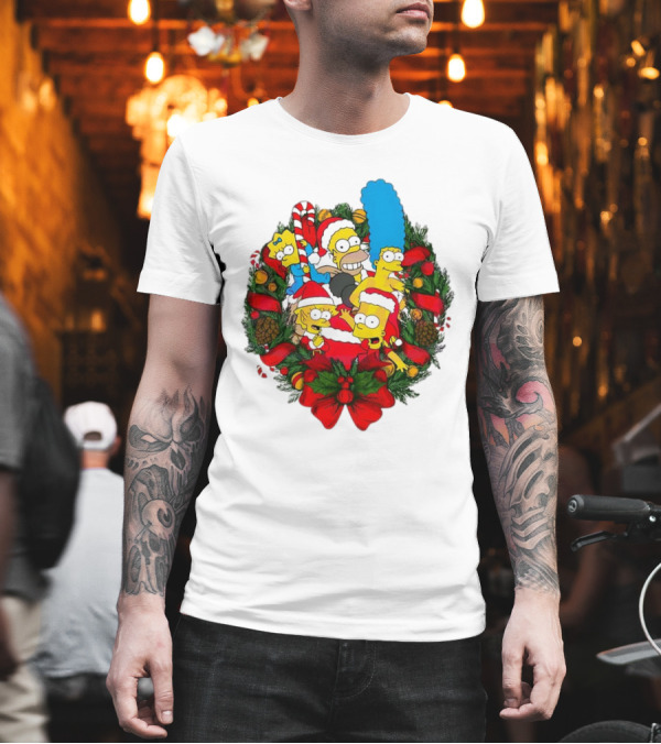 The Simpsons Holiday Wreath with Santa Hats and Candy Canes T-Shirt The Simpsons Holiday Wreath with Santa Hats and Candy Canes T-Shirt