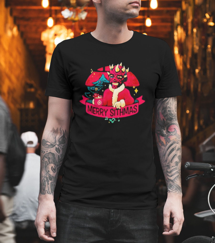 Star Wars Merry Sithmas Featuring Darth Maul in Santa Suit with Christmas Tree and Festive Elements T-Shirt