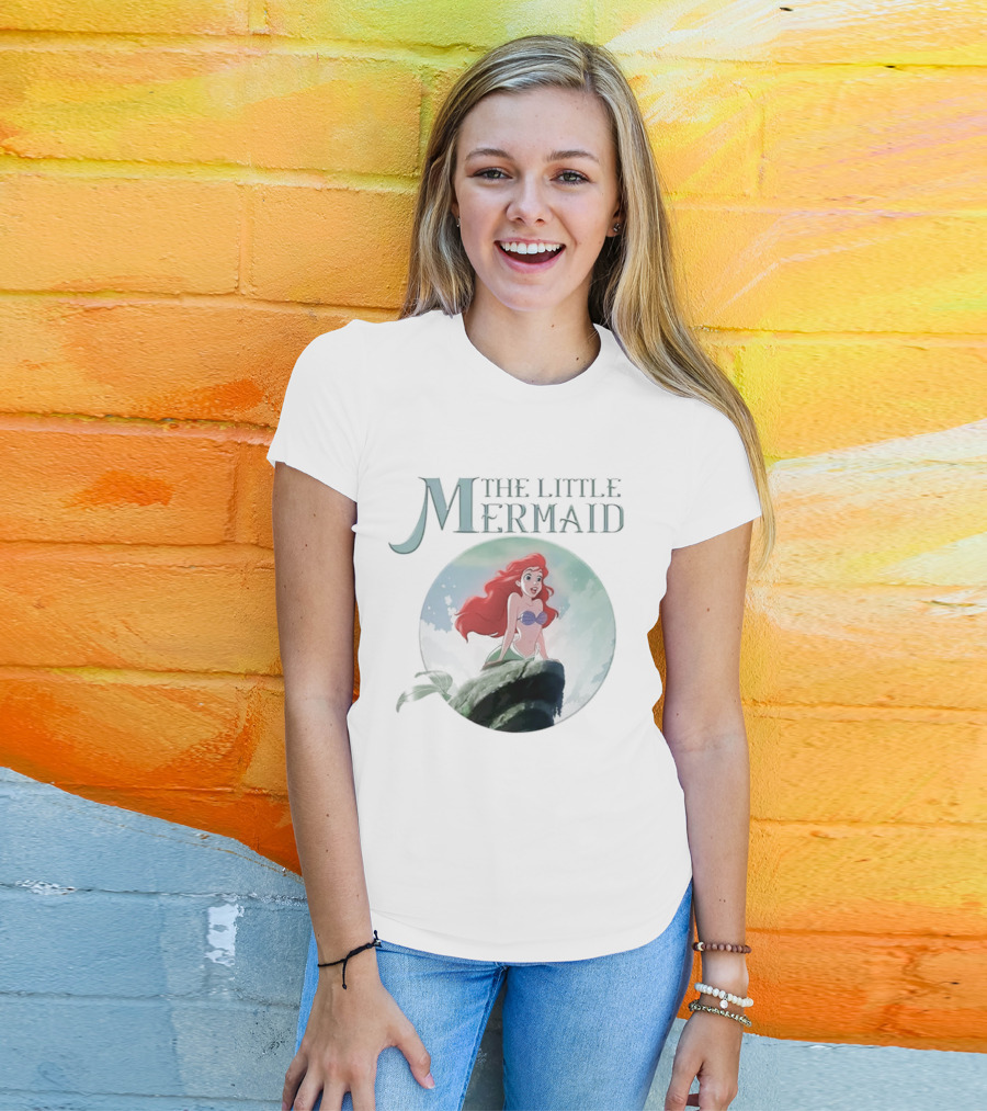 The Little Mermaid Ariel With Red Hair And Ocean Backdrop T-Shirt