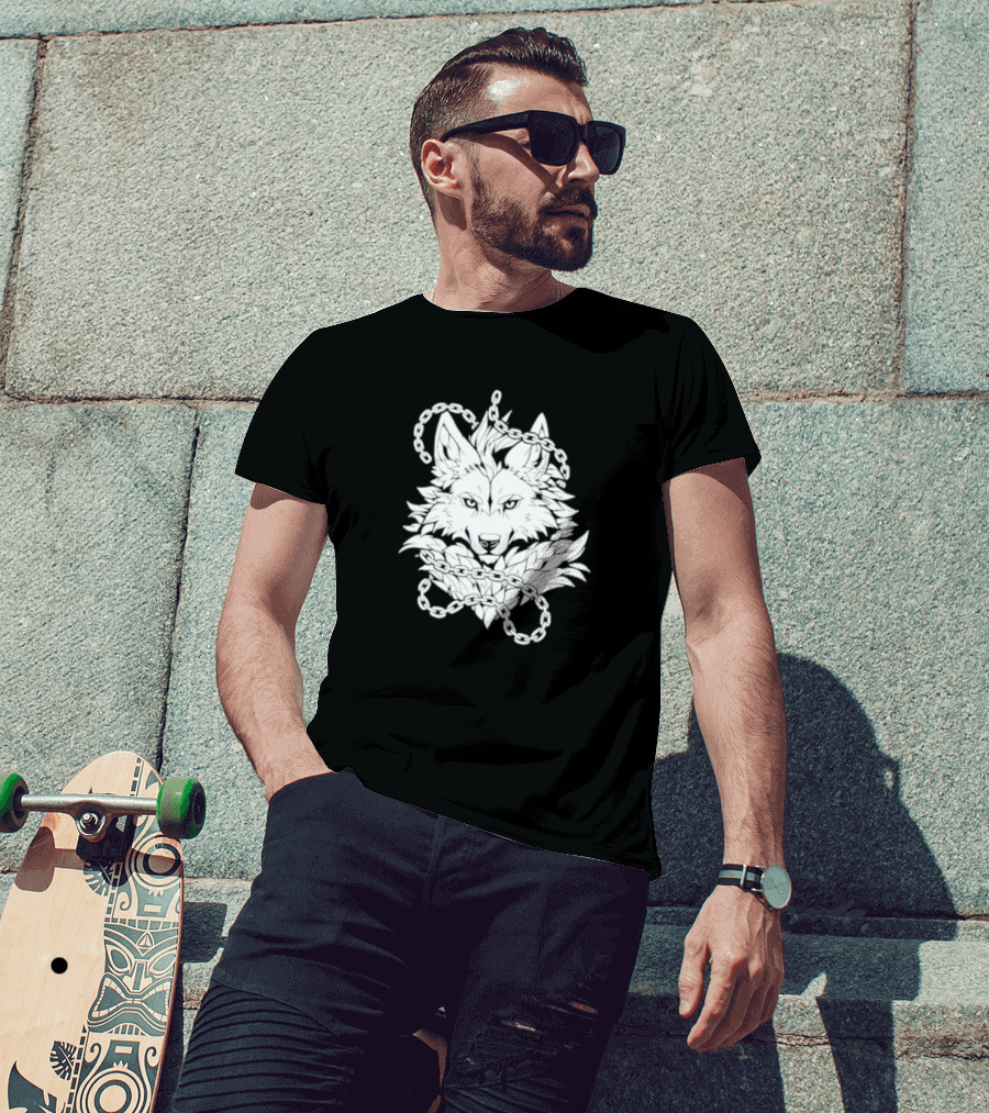 Wolf And Chains Intricate Black White T-Shirt