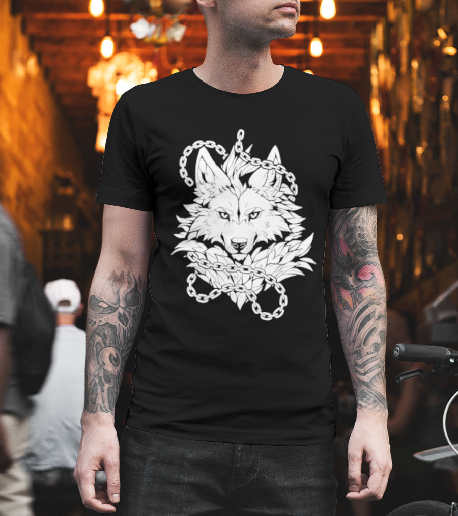 Wolf and Chains Intricate Black White T-Shirt