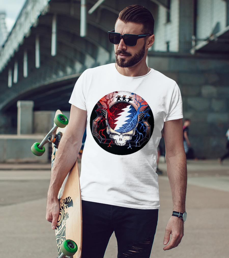 Grateful Dead Skull Bear Red Blue Lightning Bolt Circle T-Shirt