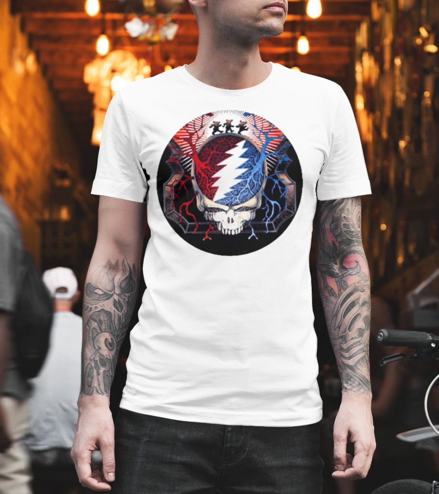 Grateful Dead Skull Bear Red Blue Lightning Bolt Circle T-Shirt