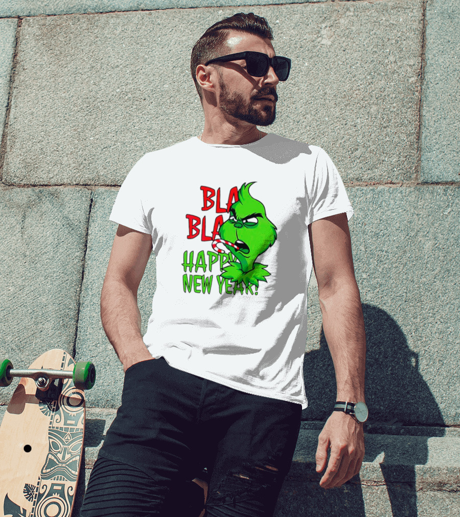 Bla Bla Happy New Year Grinch Candy Cane Image T-Shirt