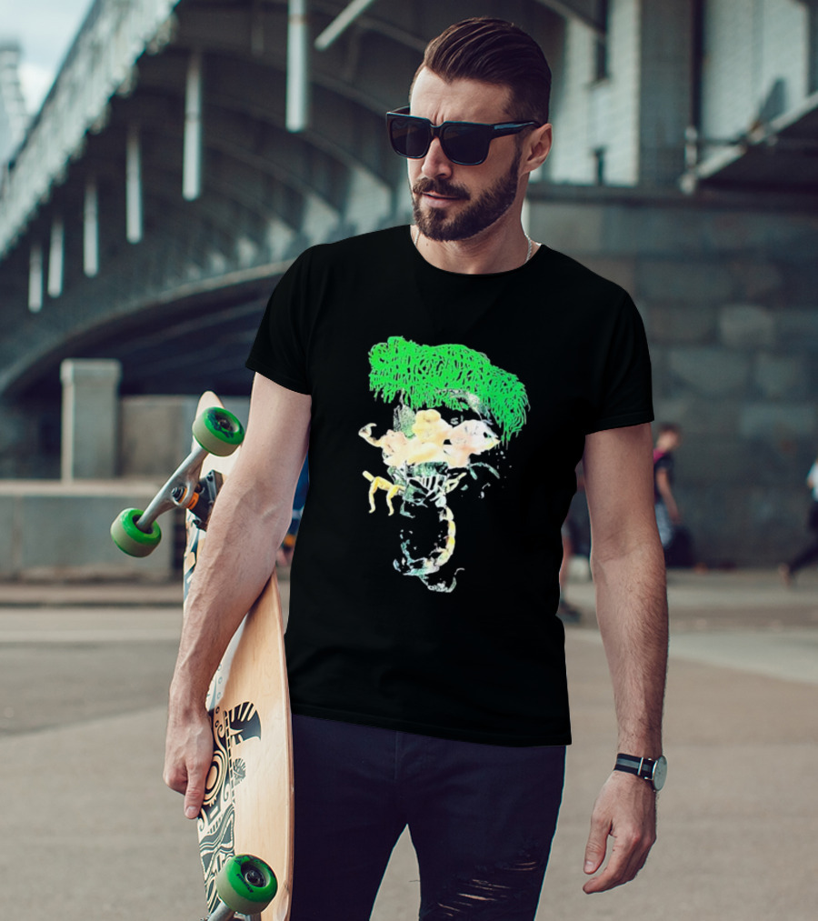 Sanguisugabogg Homicidal Ecstacy Abstract Green Dripping Text With Floral Skull And Spine T-Shirt