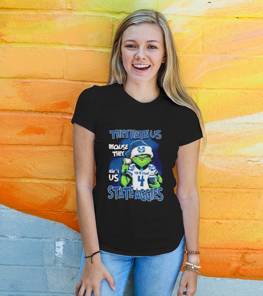 They Hate Us Because They Ain't Us Grinch Santa Utah State Aggies Your Name Custom Number T-Shirt