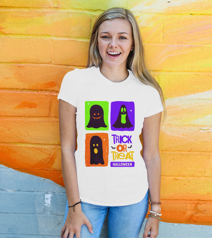 Halloween Trick Or Treat Ghosts In Colorful Boxes T-Shirt