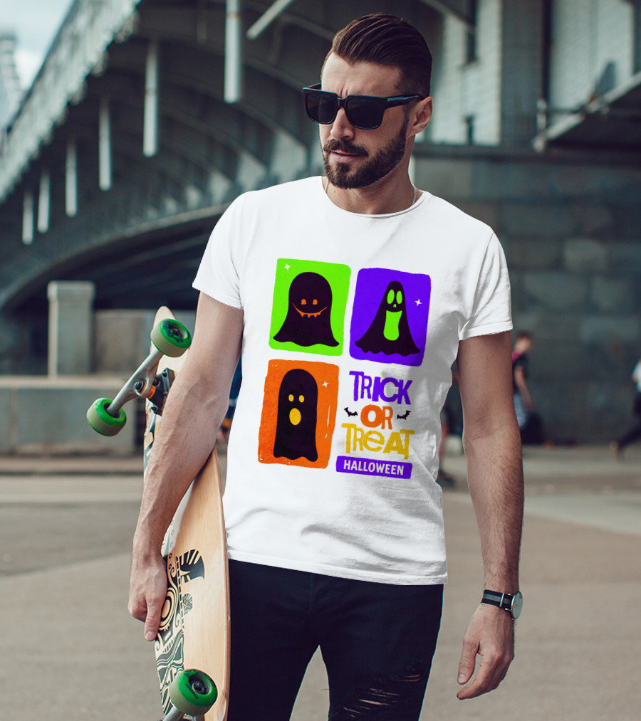 Halloween Trick Or Treat Ghosts In Colorful Boxes T-Shirt