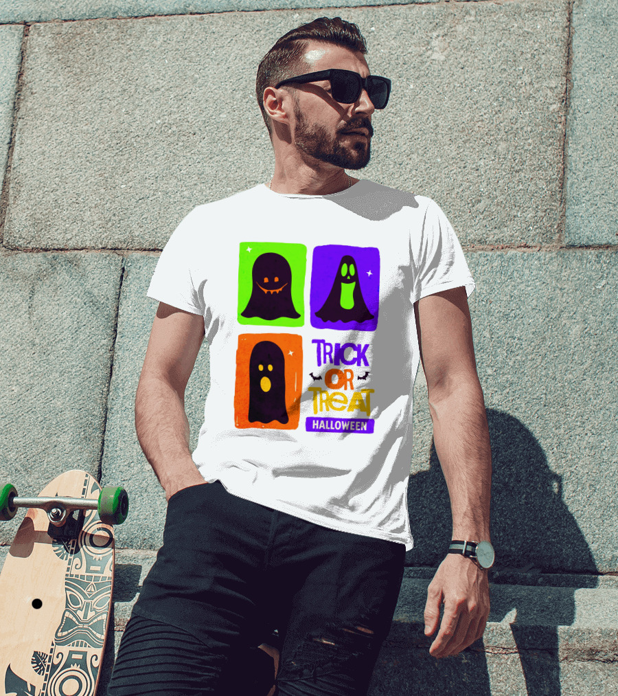 Halloween Trick Or Treat Ghosts In Colorful Boxes T-Shirt