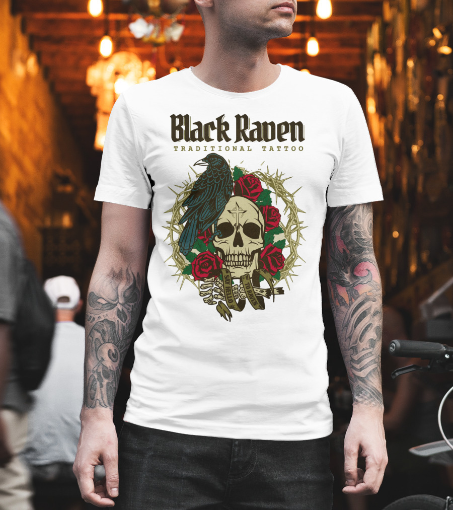 Black Raven Traditional Tattoo Skull Roses Thorns T-Shirt