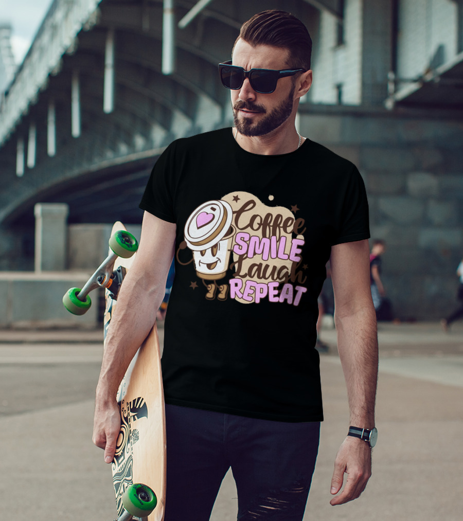 Coffee Smile Laugh Repeat Cartoon Mascot Happiness T-Shirt