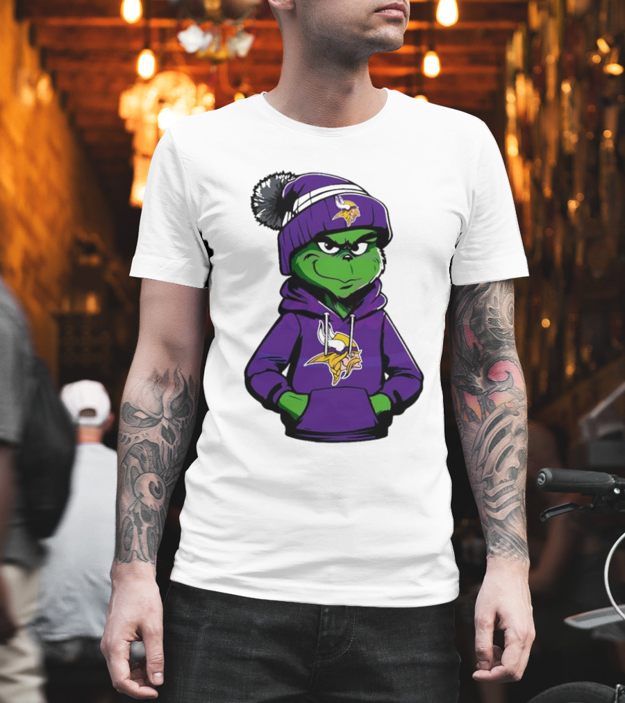 Grinch in Minnesota Vikings Hoodie and Hat with Team T-Shirt
