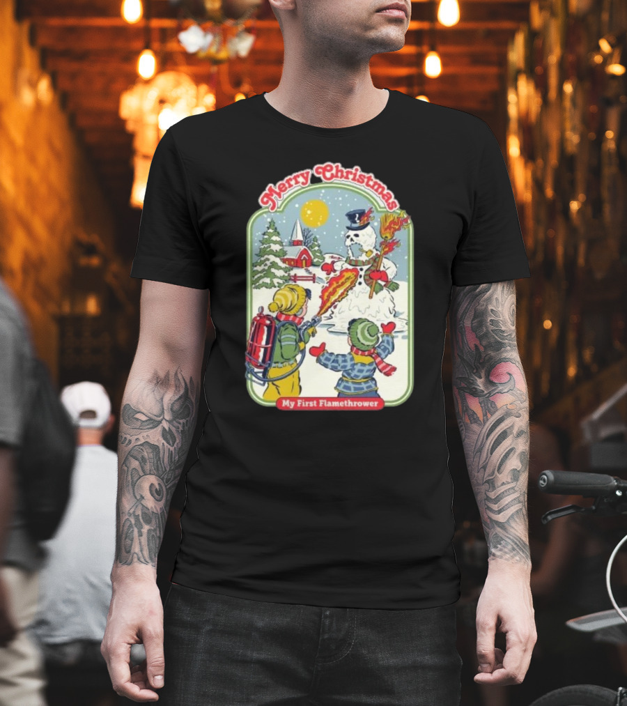 Merry Christmas My First Flamethrower Vintage Snowman Scene T-Shirt