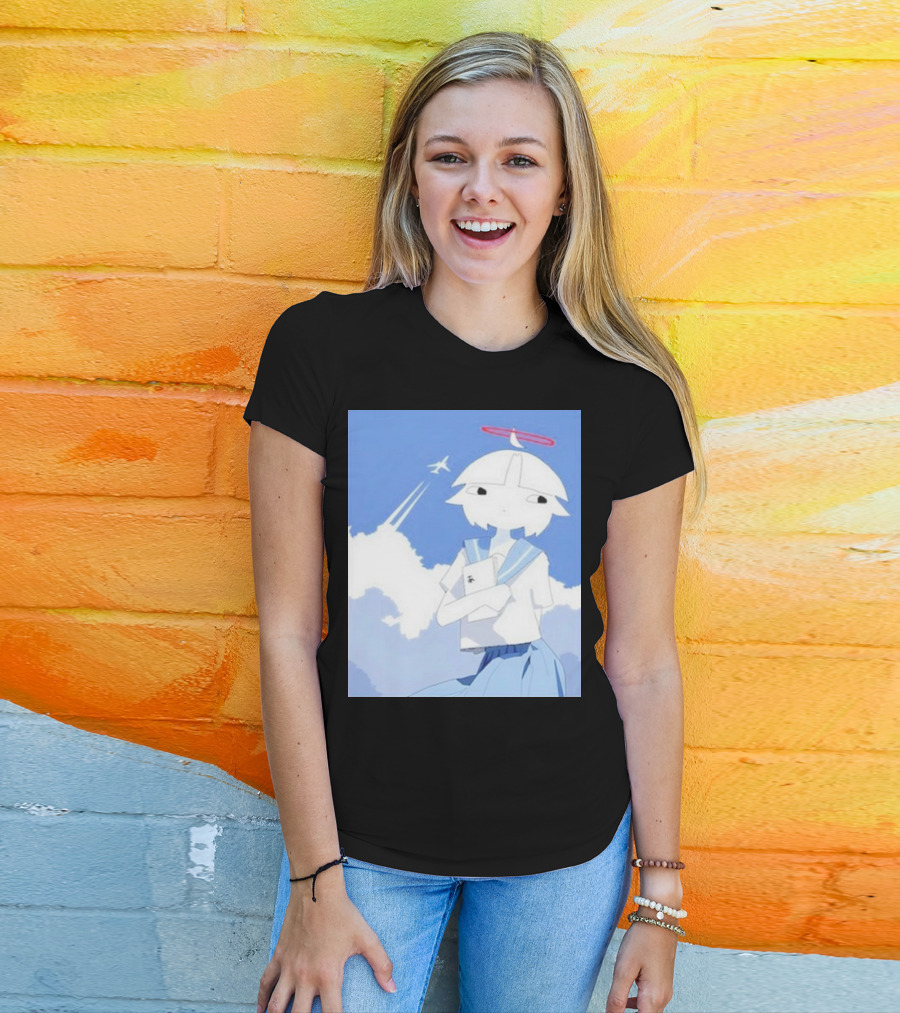Chew’s District Clowdy Angelic Character Holding Notebook In Blue Sky With Airplane T-Shirt