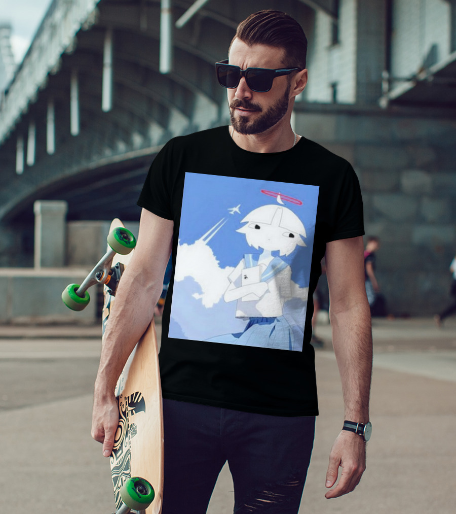 Chew’s District Clowdy Angelic Character Holding Notebook In Blue Sky With Airplane T-Shirt