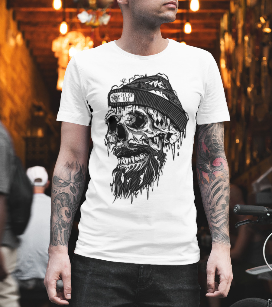 Skull Wild Ski or Die Ice Beard Beanie Adventure T-Shirt
