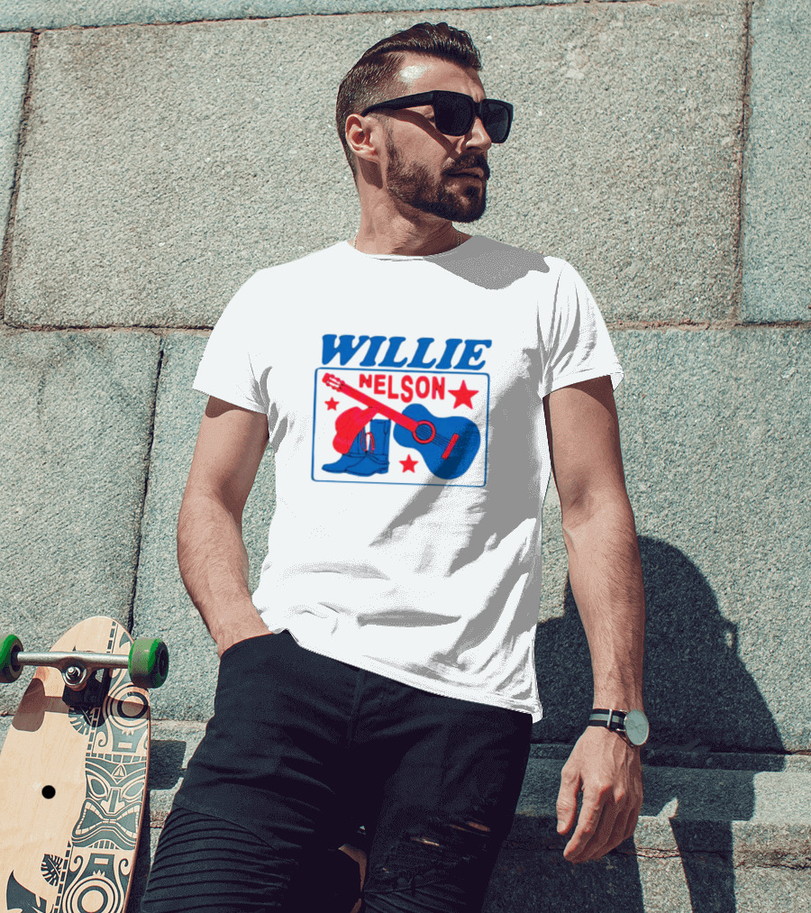 WILLIE NELSON Guitar Cowboy Boots Hat Stars T-Shirt