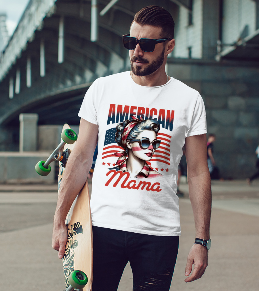 American Mama Vintage Patriotic Bandana Sunglasses Retro Flag Stars T-Shirt