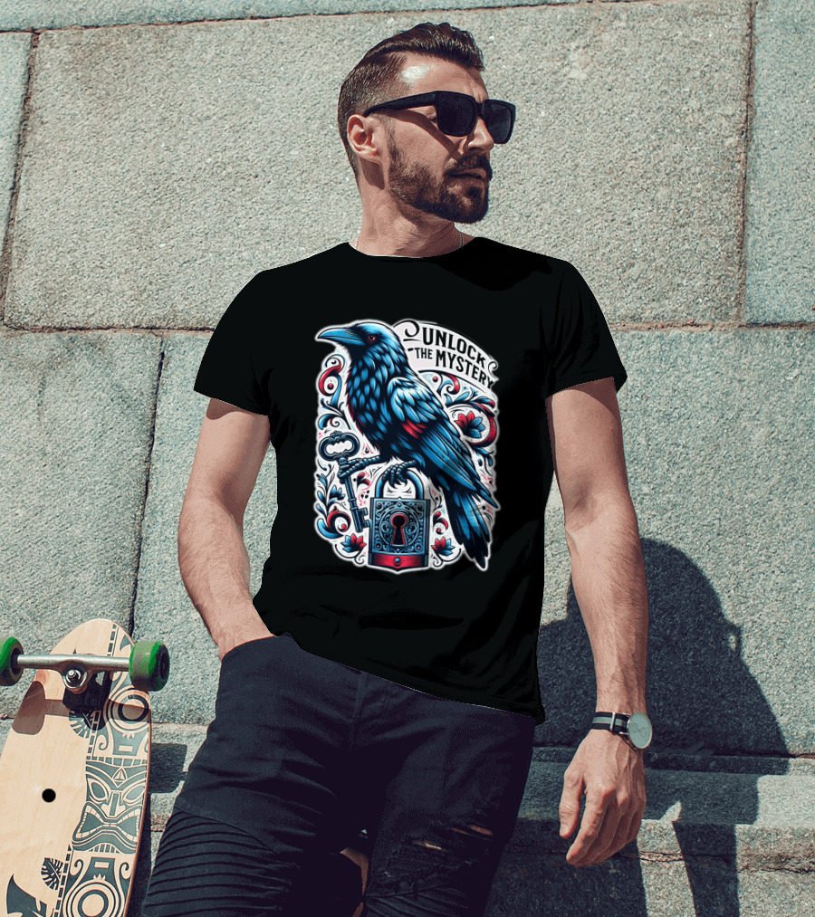 Unlock The Mystery Raven Holding Key And Lock With Ornate Floral T-Shirt