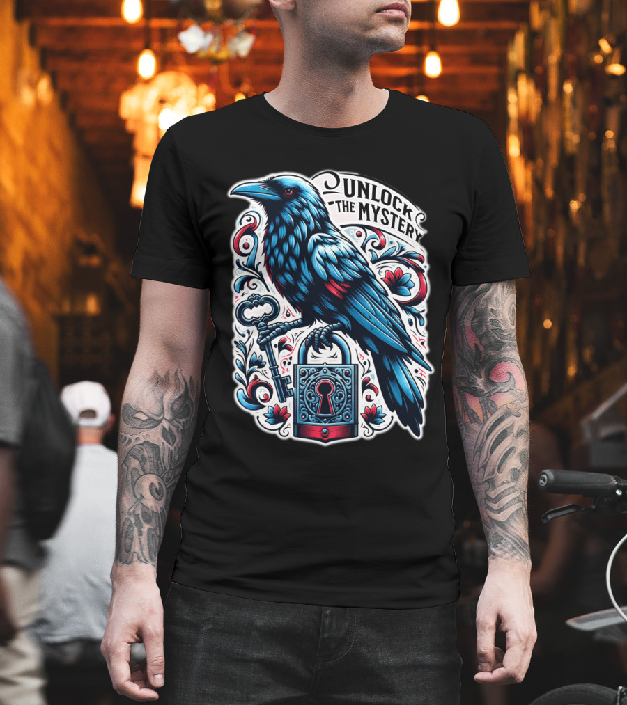 Unlock The Mystery Raven Holding Key and Lock with Ornate Floral T-Shirt