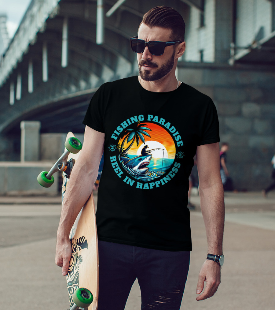 Fishing Paradise Reel In Happiness Sunset Shark Adventure T-Shirt