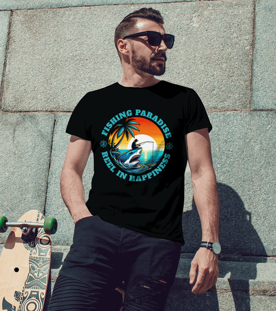 Fishing Paradise Reel In Happiness Sunset Shark Adventure T-Shirt