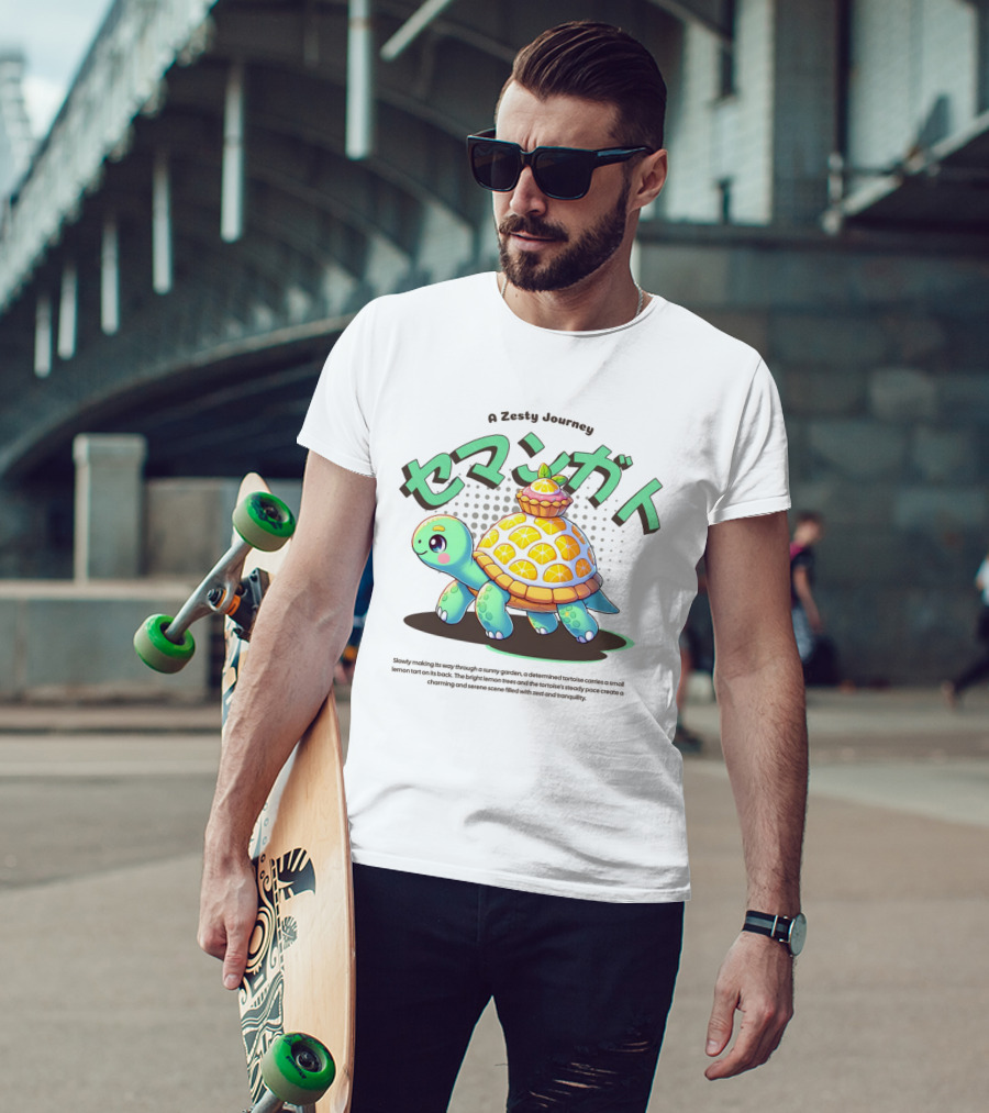 A Zesty Journey Tortoise With Lemon Back And Japanese Text T-Shirt