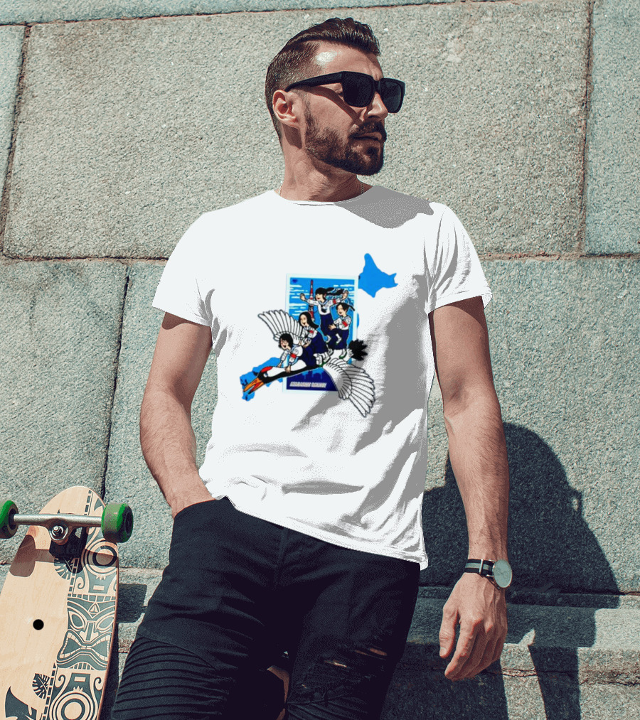 Atarashii Gakko Navy Crane Cartoon With Energetic Flyers And Blue Map Highlight T-Shirt