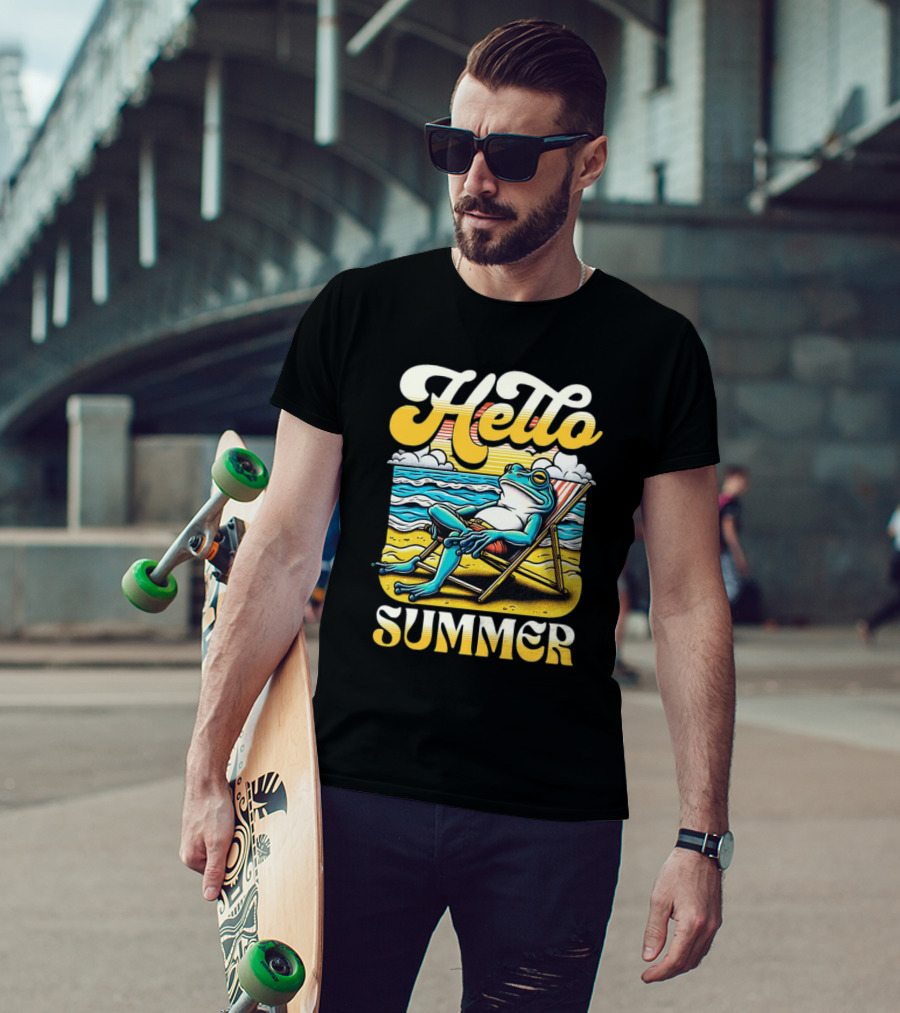 Hello Summer Frog Vintage Beach Scene T-Shirt