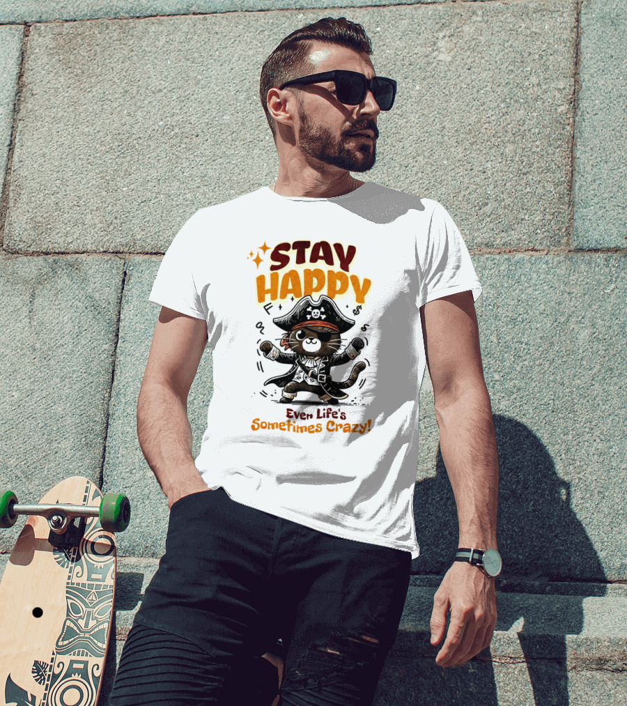 STAY HAPPY Even Life's Sometimes Crazy Pirate Cat T-Shirt