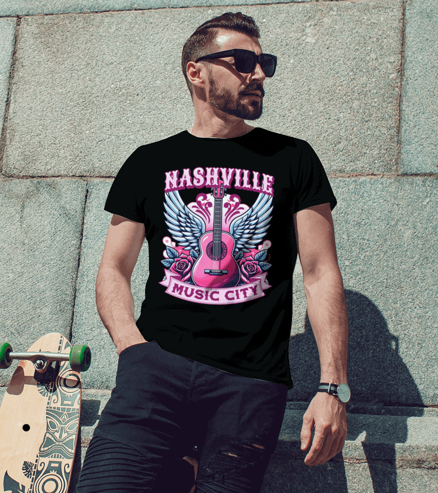 Nashville Music City Pink Guitar Wings Roses T-Shirt