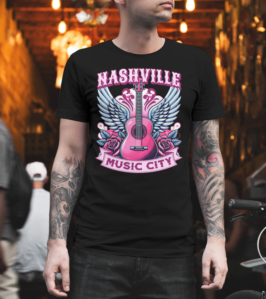 Nashville Music City Pink Guitar Wings Roses T-Shirt