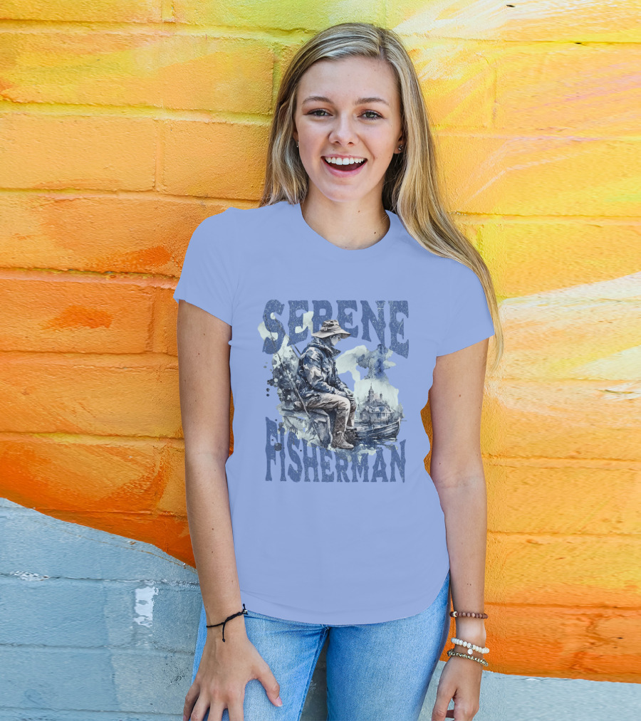 Serene Fisherman In Tranquil Lakeside Town With Boat And Reflection T-Shirt