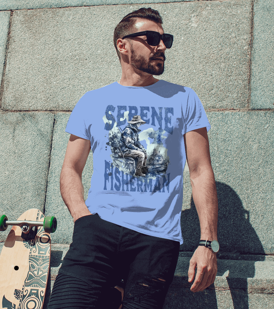 Serene Fisherman In Tranquil Lakeside Town With Boat And Reflection T-Shirt