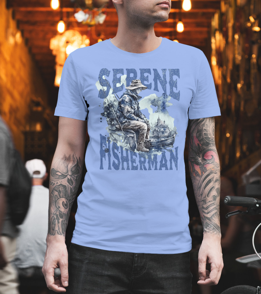 Serene Fisherman In Tranquil Lakeside Town With Boat And Reflection T-Shirt