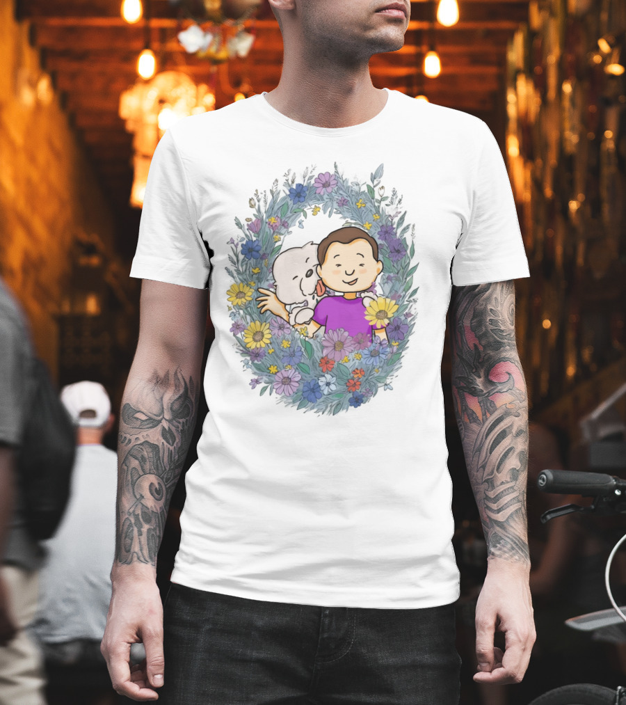 Dog Dad Cartoon Embrace in Floral Frame T-Shirt
