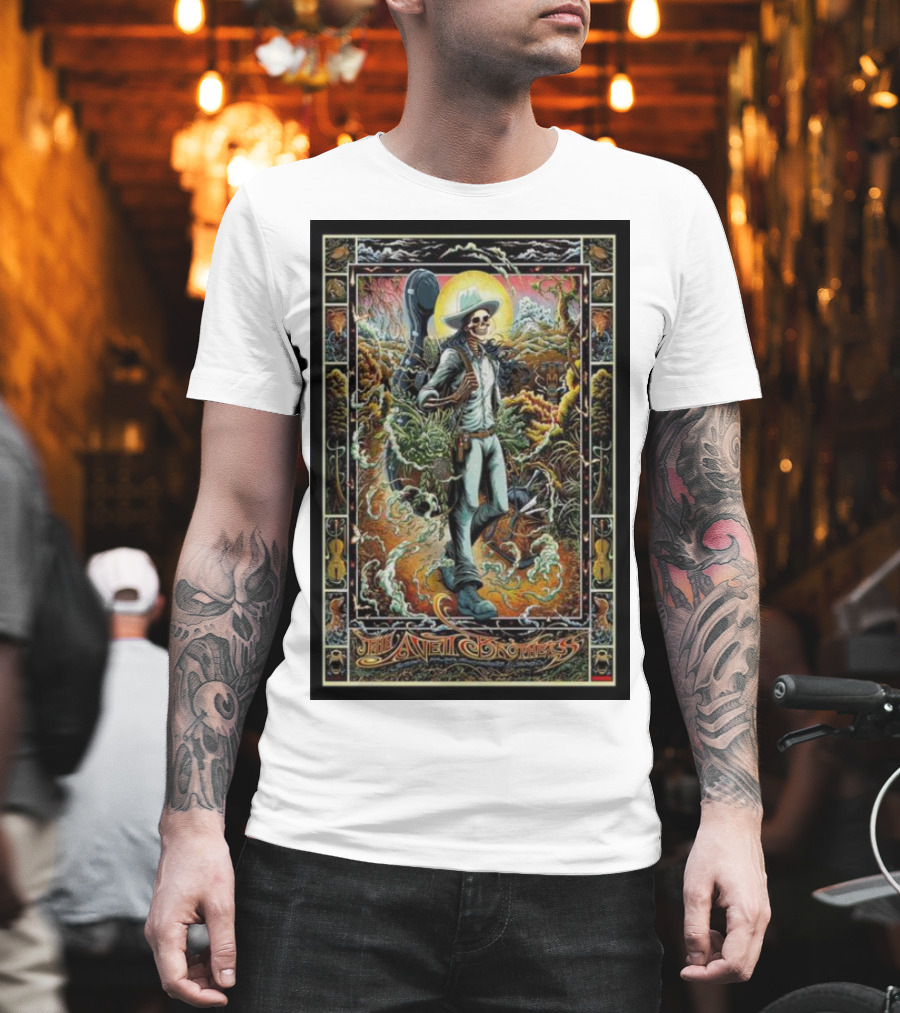 The Avett Brothers Skeleton Cowboy With Guitar And Sunburst Background Stanford T-Shirt
